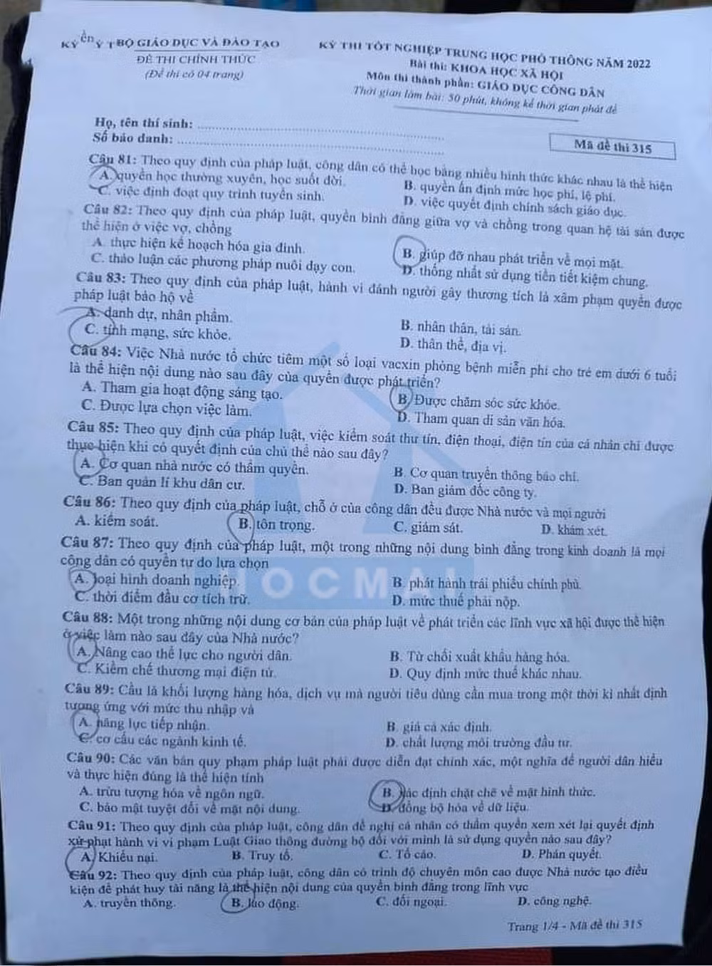 de thi tot nghiep thpt 2022 mon gdcd ma de 315 hinh 1