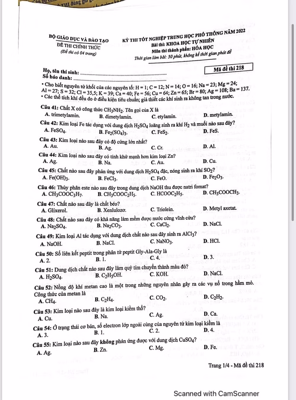 de thi tot nghiep thpt 2022 mon hoa hoc ma de 218 hinh 1