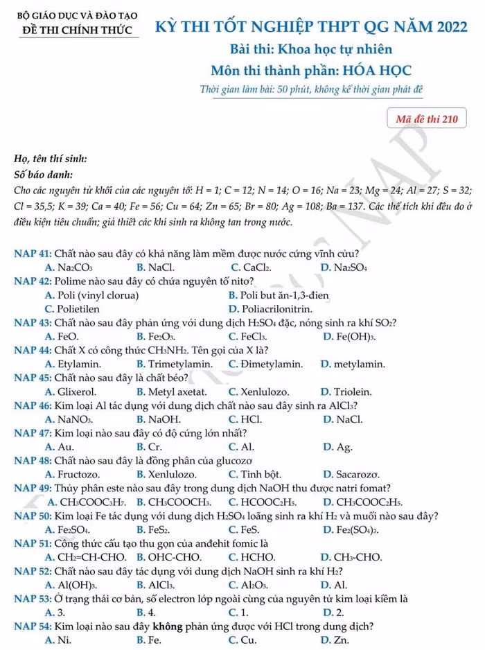 de thi tot nghiep thpt 2022 mon hoa hoc ma de 210 hinh 1