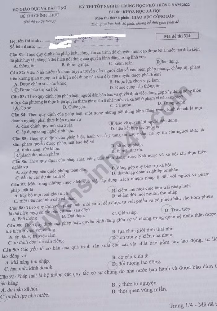 de thi tot nghiep thpt 2022 mon gdcd ma de 314 hinh 1