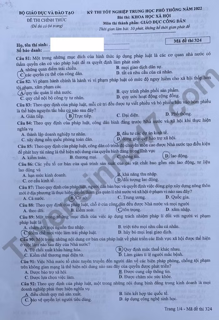 de thi tot nghiep thpt 2022 mon gdcd ma de 324 hinh 1