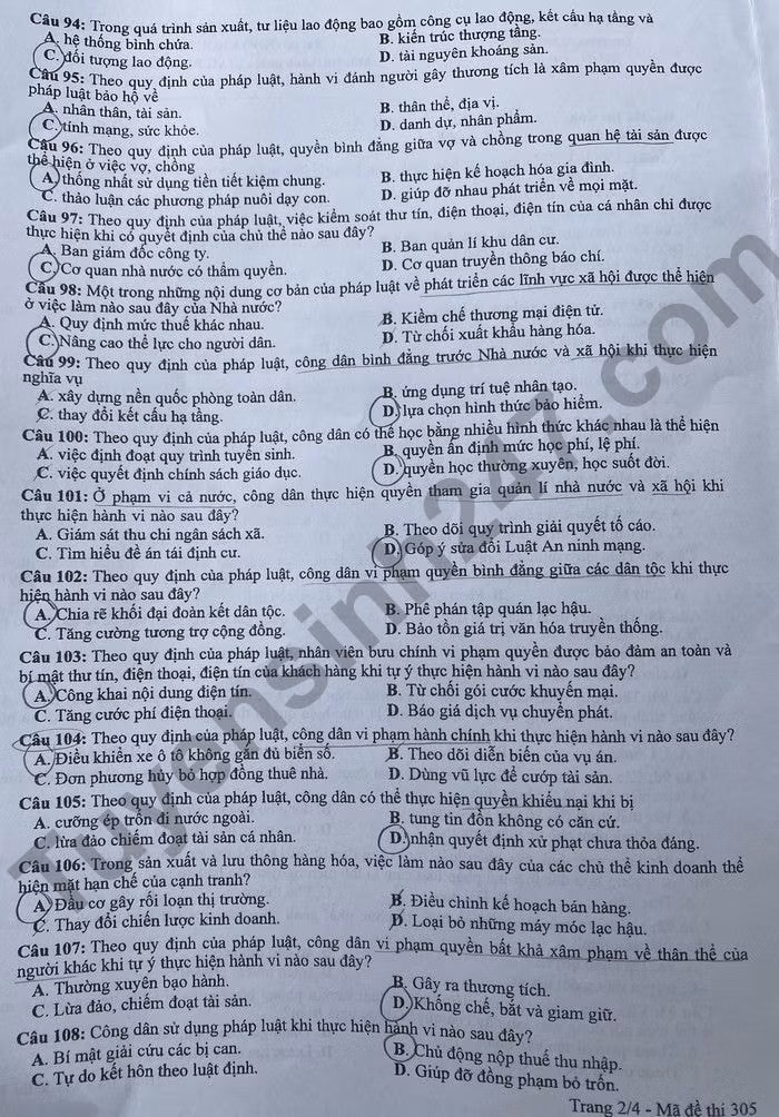 de thi tot nghiep thpt 2022 mon gdcd ma de 305 hinh 2