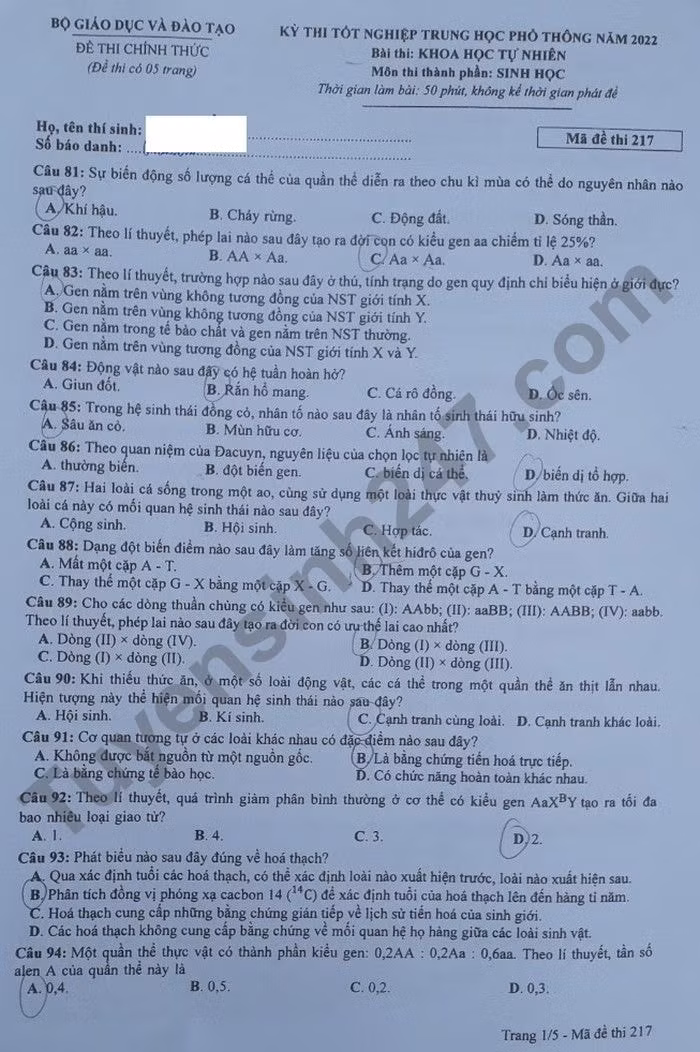 de thi tot nghiep thpt 2022 mon sinh hoc ma de 217 hinh 1