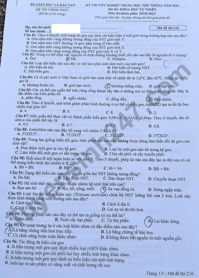 de thi tot nghiep thpt 2022 mon sinh hoc ma de 216 hinh 1