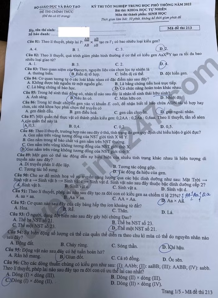de thi tot nghiep thpt 2022 mon sinh hoc ma de 213 hinh 1