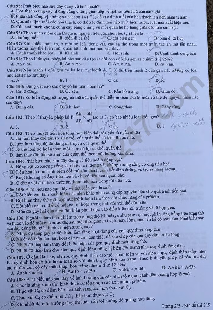 de thi tot nghiep thpt 2022 mon sinh hoc ma de 219 hinh 2