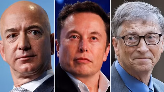 Các tỷ phú công nghệ hàng đầu thế giới như Elon Musk, Jeff Bezos và Bill Gates. Ảnh: AFP.