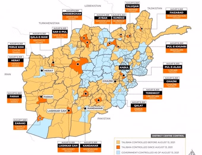 Taliban đã chiếm 18/34 thành phố của Afghanistan. Hiện chính phủ chỉ còn kiểm soát khu vực màu trắng trên bản đồ - Ảnh: Al Jazeeza
