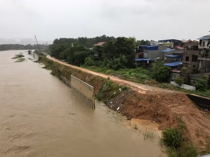 Mỗi trận mưa lớn, nước sông Cầu dâng cao, lại đe dọa sạt lở tại những đoạn đê đã thi công dở dang rồi bỏ hoang. Ảnh: NNVN