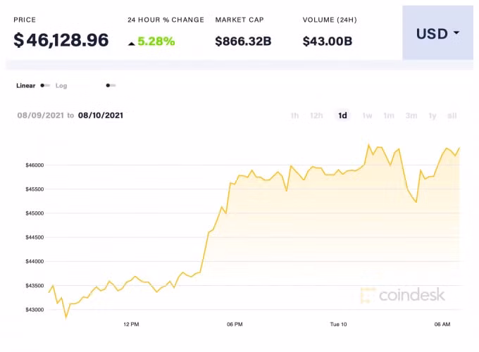 Bitcoin đã tăng hơn 6,4% lên mức 46.600 USD. Ảnh: Coindesk