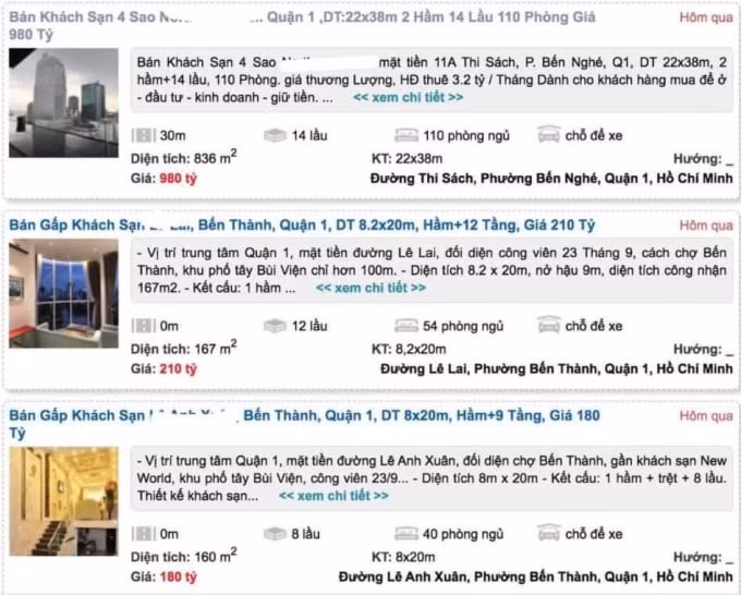 Một số khách sạn tại quận 1, TP. HCM được rao bán - Nguồn: Alonhadat
