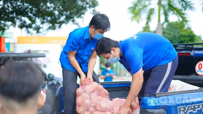 Tình nguyện viên tỉnh Bình Phước xếp rau củ lên xe để vận chuyển đến TP. HCM, Bình Dương