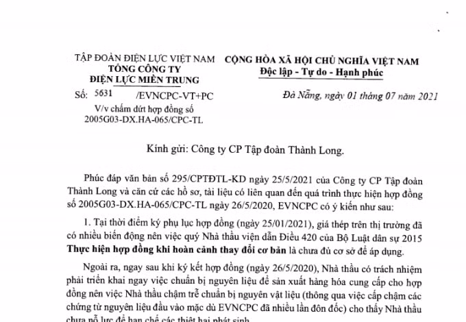 Tổng Công ty Điện lực miền Trung (EVNCPC) đã có quyết định chấm dứt hợp đồng đối với nhà thầu vi phạm là Công ty CP Tập đoàn Thành Long