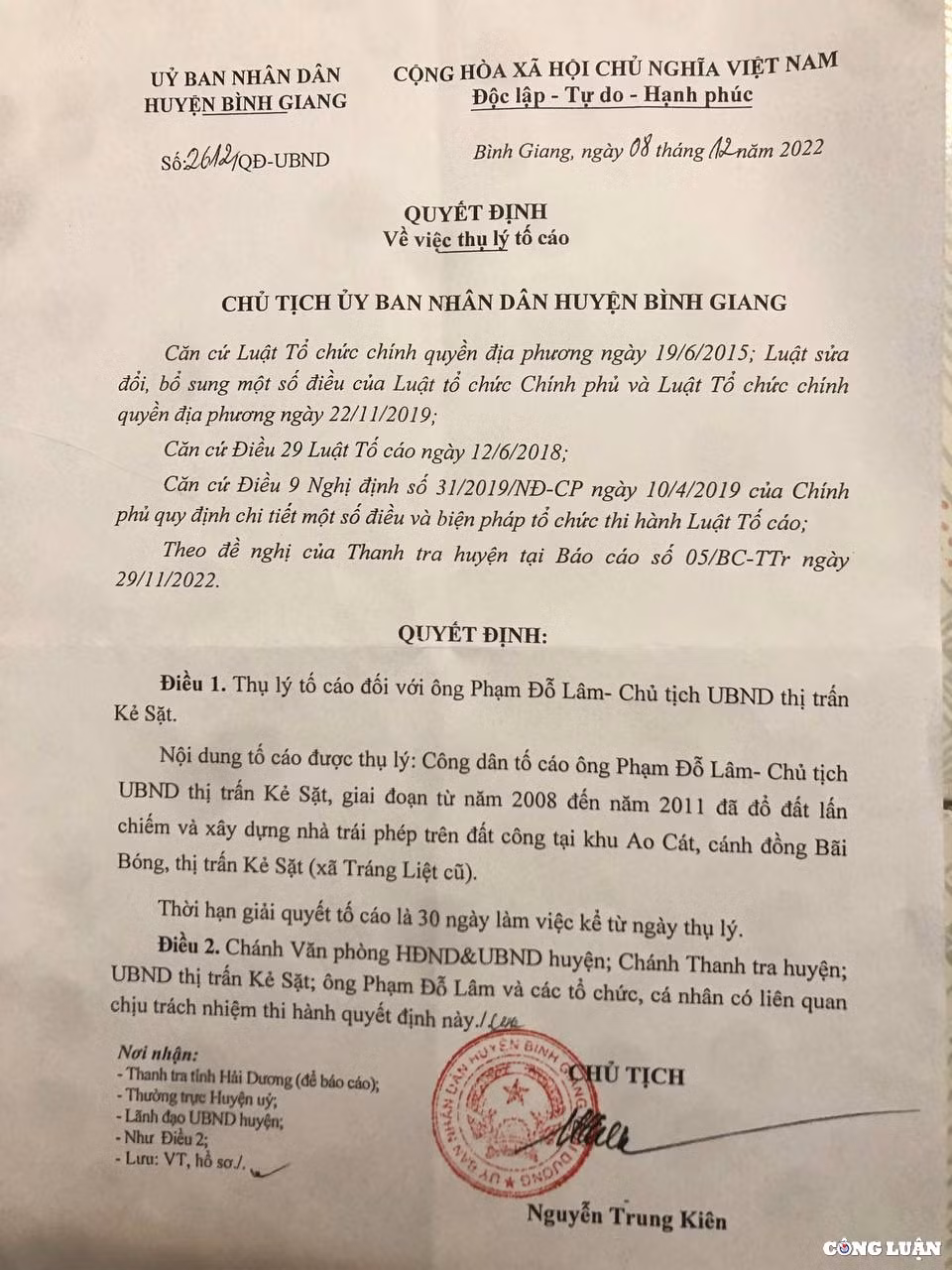 ubnd huyen binh giang chinh thuc thu ly don to cao chu tich ubnd thi tran ke sat hinh 1