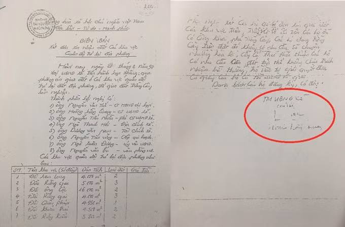 Một biên bản về việc nhận bàn giao đất của đơn vị Quốc phòng trả lại xã Xương Lâm có chữ ký của ông Hoàng Hồng Quang có dấu hiệu bị làm giả.