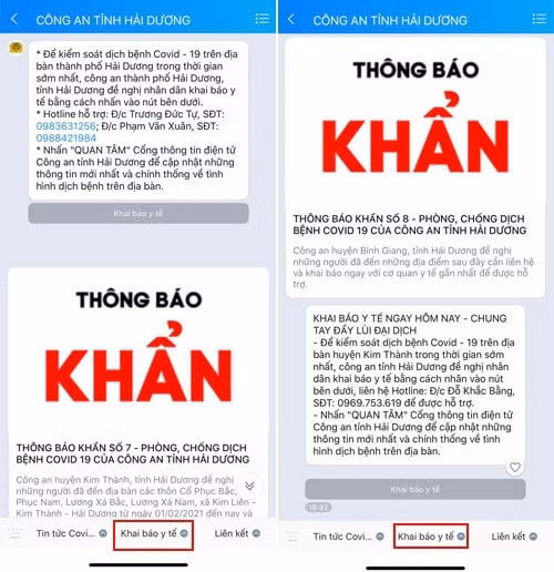 Hải Dương cập nhật thông báo truy vết mới nhất trên Zalo. Ảnh: TL