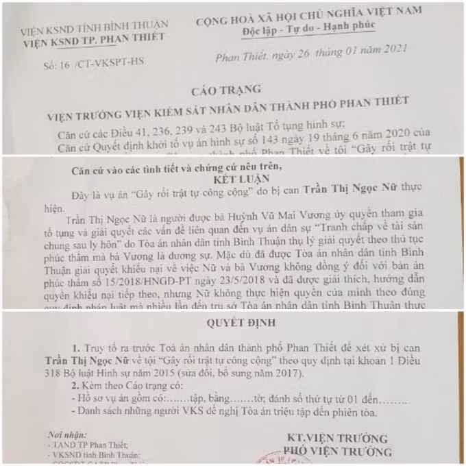 Cáo trạng truy tố bà Trần Thị Ngọc Nữ về tội “Gây rối trật tự công cộng” theo khoản 1 Điều 318 BLHS.