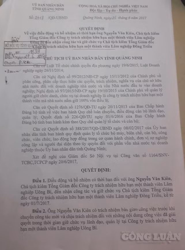 Quyết định của UBND tỉnh Quảng Ninh về điều động, bổ nhiệm ông Nguyễn Văn Kiên làm TGĐ Công ty Lâm nghiệp Đông Triều kể từ ngày 1/7/2017.