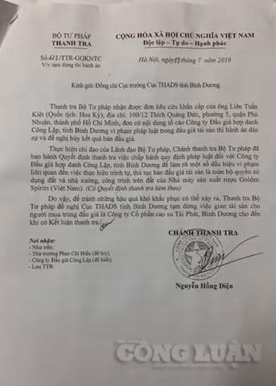 Chánh Thanh tra Bộ Tư pháp Nguyễn Hồng Diện đã ký Công văn số 623/TTr-GQKNTC ngày 19/7/2019 gửi Cục trưởng Cục THADS tỉnh Bình Dương