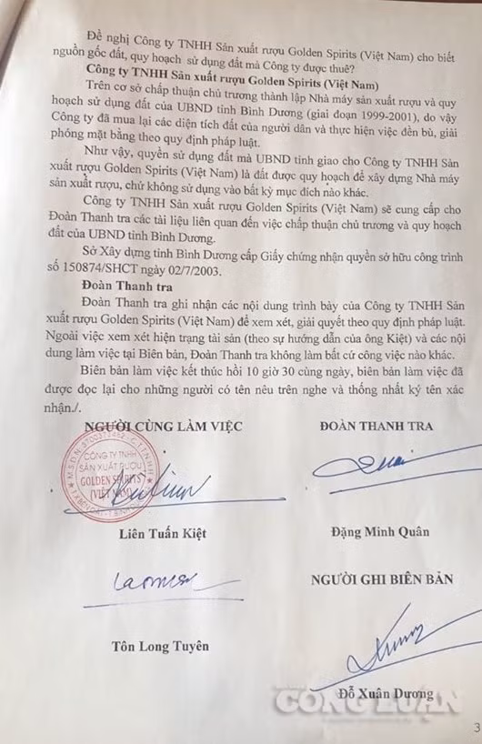 Biên bản làm việc của Đoàn thanh tra Bộ Tư pháp với doanh nghiệp