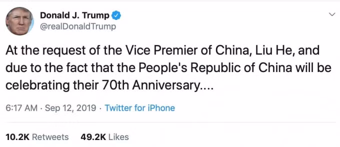 Dòng chia sẻ trên MXH Twitter của ông Trump.