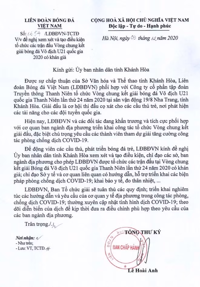 Nội dung công văn của VFF gửi tới UBND tỉnh Khánh Hoà về việc tổ chức giải U21 Quốc gia. Ảnh: vietgiaitri.com