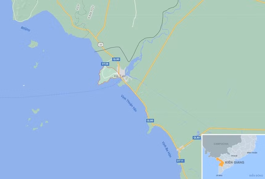 Hình ảnh bản đồ vệ tinh phường Pháo Đài (khoanh đỏ) thuộc TP Hà Tiên, Kiên Giang. Ảnh: Zingnews.vn