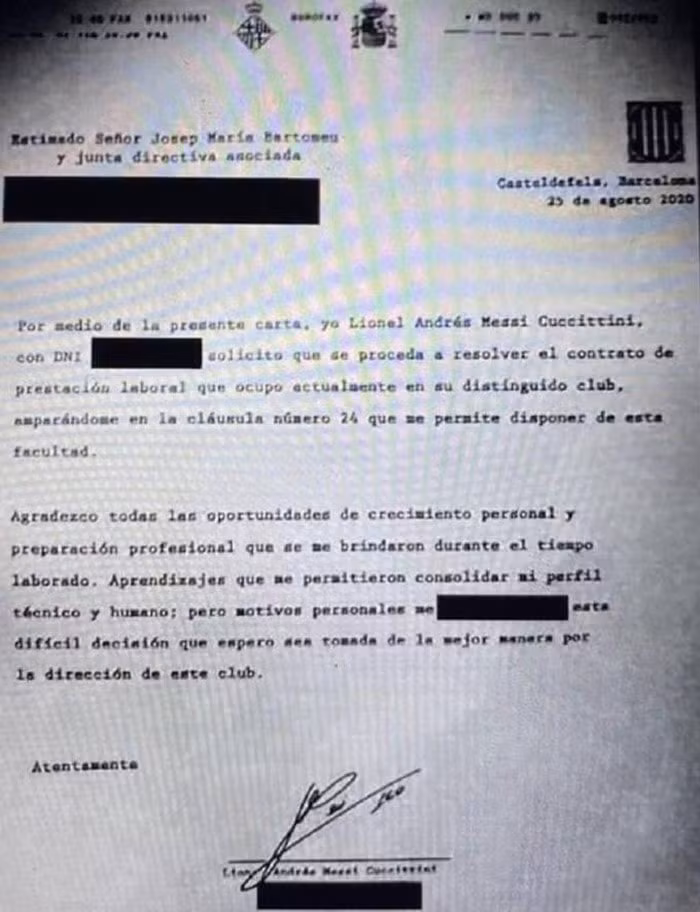 Bản fax Messi gửi lãnh đạo Barca đòi rời đội bóng. Ảnh: internet.