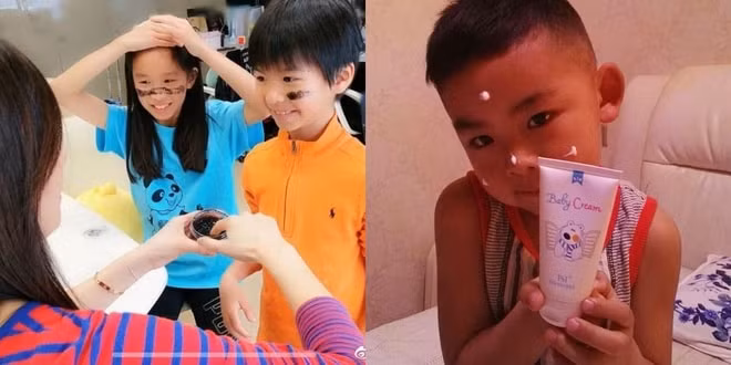 Nữ diễn viên Trương Đình quay video, chụp ảnh các con sử dụng mỹ phẩm do cô tự sản xuất để quảng cáo.