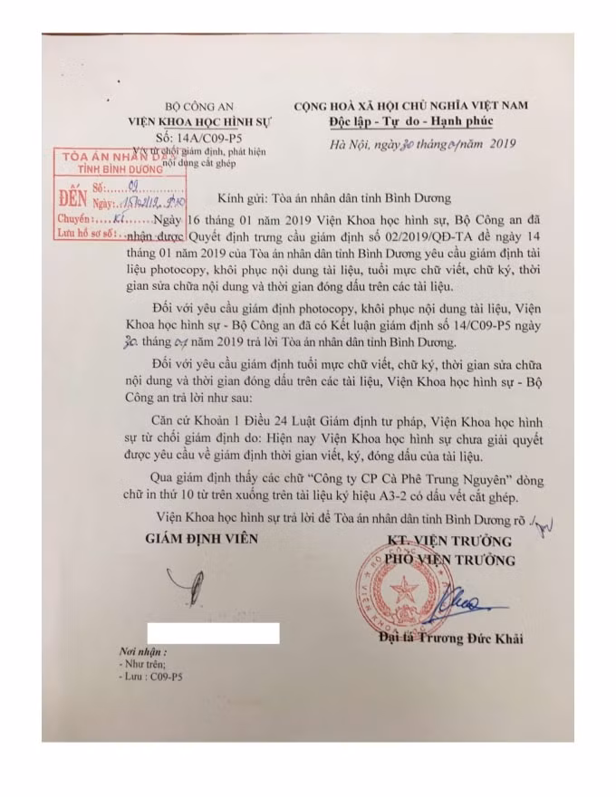 Thông báo Kết luận giám định của Viện Khoa học Hình sự