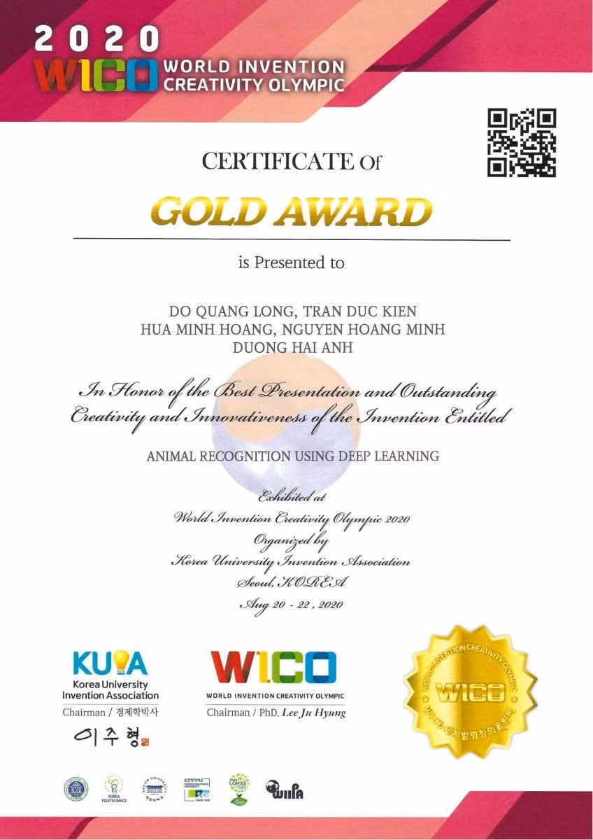Giấy chứng nhận của Ban tổ chức cho nhóm học sinh đoạt giải. Ảnh: internet.