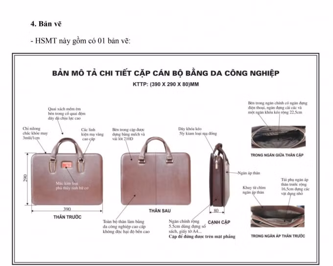 Bản vẽ trong hồ sơ mời thầu mua cặp da của tỉnh Nam Định.