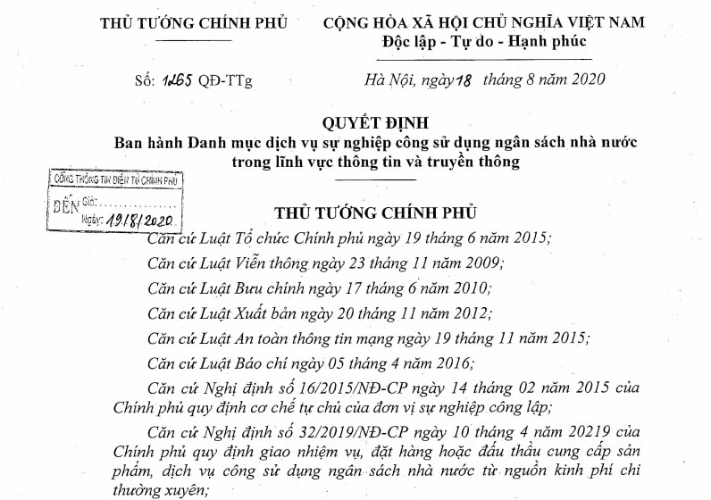 Thủ tướng Chính phủ vừa ban hành Danh mục dịch vụ sự nghiệp công sử dụng ngân sách nhà nước trong lĩnh vực thông tin và truyền thông.