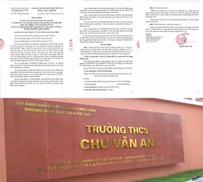 Quyết định phê duyệt dự án Xây dựng trường THCS Giang Biên do ông Nguyễn Huy Vinh - Giám đốc Ban QLDA ký, nay thành trường THCS Chu Văn An