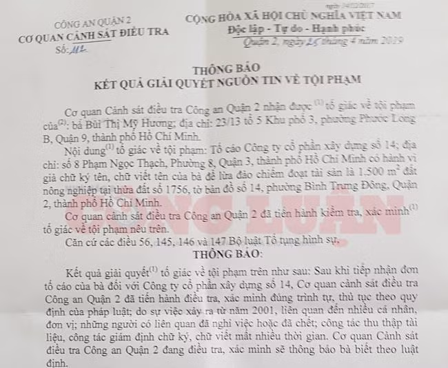 Cơ quan Cảnh sát điều tra Công an Quận 2 đang tiến hành điều tra liên quan đến việc CC14 bị tố giả chữ ký, chữ viết để chiếm đoạt 1500m2 đất của dân! (Ảnh- CK)