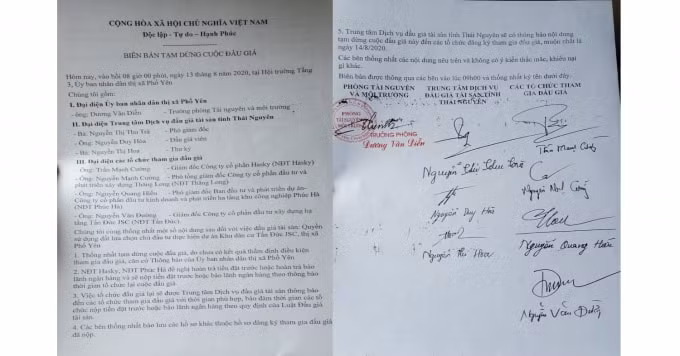 Biên tạm dừng đấu giá ngày 13/8 do cơ quan chức năng TX Phổ Yên công bố. Ảnh: Dương Lâm