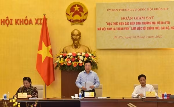 Phó Thủ tướng Phạm Bình Minh phát biểu tại buổi làm việc về việc thực hiện các Hiệp định thương mại tự do (FTA) mà Việt Nam là thành viên. Ảnh: VGP