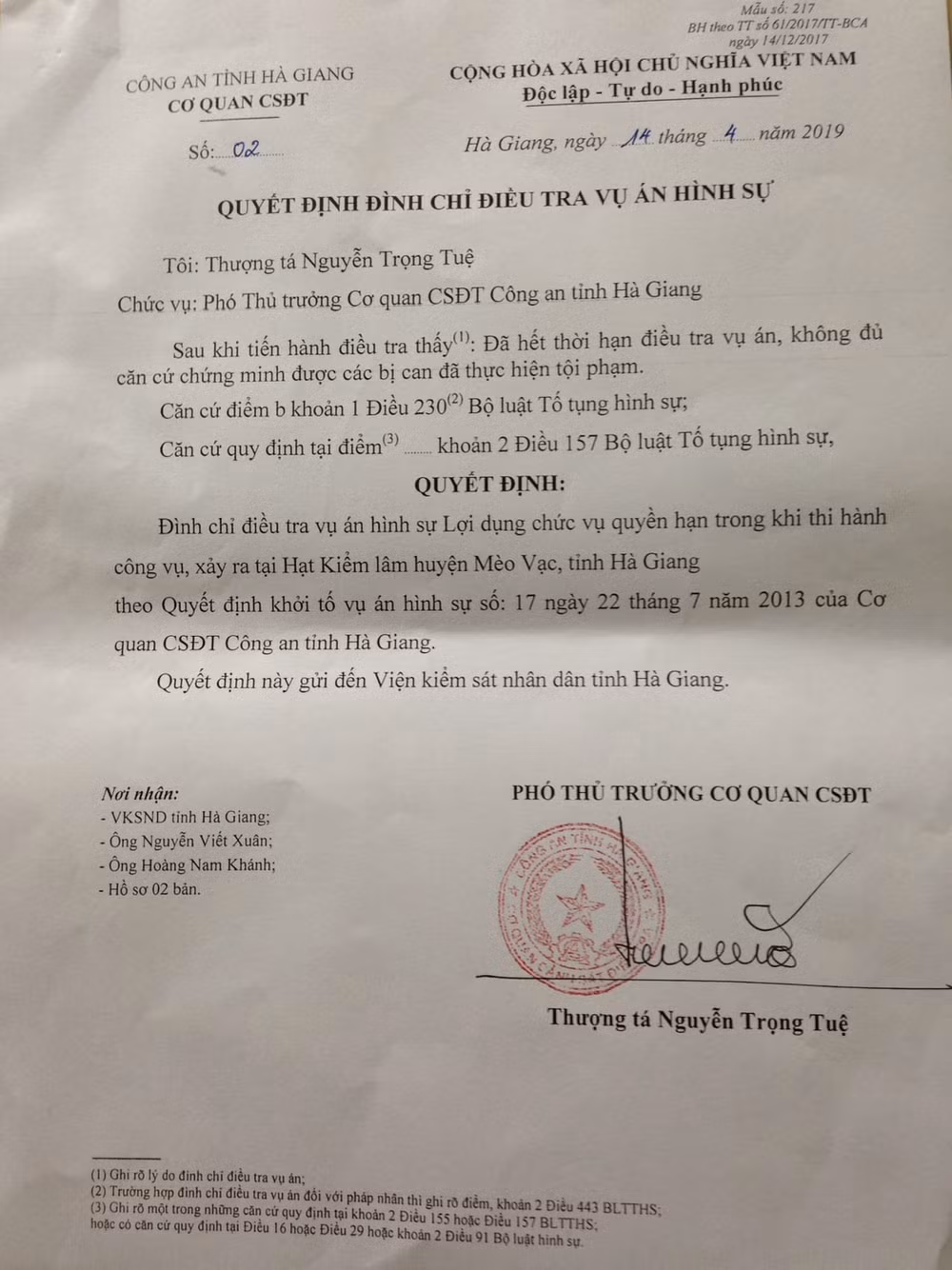 Quyết định đình chỉ điều tra vụ án của Công an tỉnh Hà Giang đối với vụ án từng gây xôn xao dư luận Hà Giang