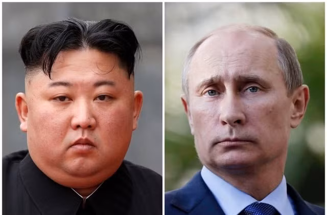 Nhà lãnh đạo Triều Tiên Kim Jong-un (trái) và Tổng thống Nga Vladimir Putin (phải). Ảnh: Reuters