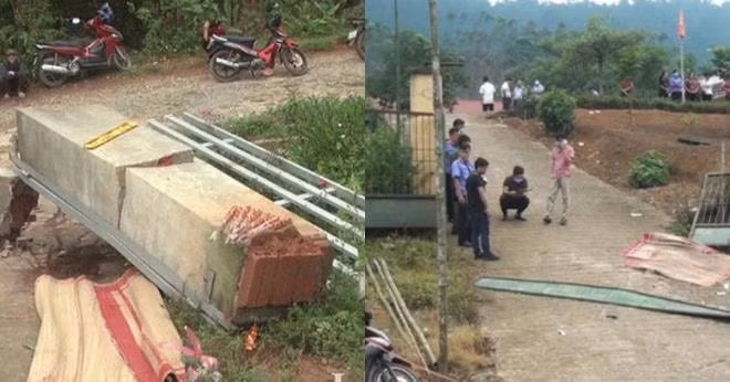 Cổng trường phân hiệu Bản Phung là cổng sắt, cao khoảng 2m đã bị đổ sập. Ảnh: TL.