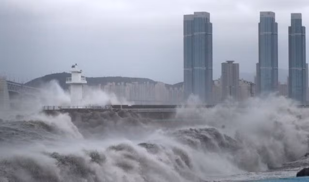 Sóng biển dâng cao tại thành phố Busan, Hàn Quốc. Ảnh: Yahoo
