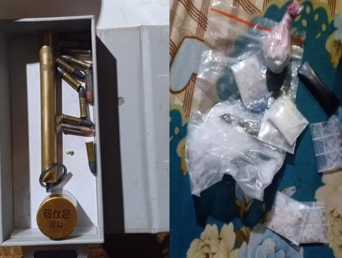 Hình ảnh súng bắn đạn thể thao dạng bút và ma túy Heroin, Methaphetamine, Ketamine thu được tại nơi ở của Nguyễn Khánh Cường