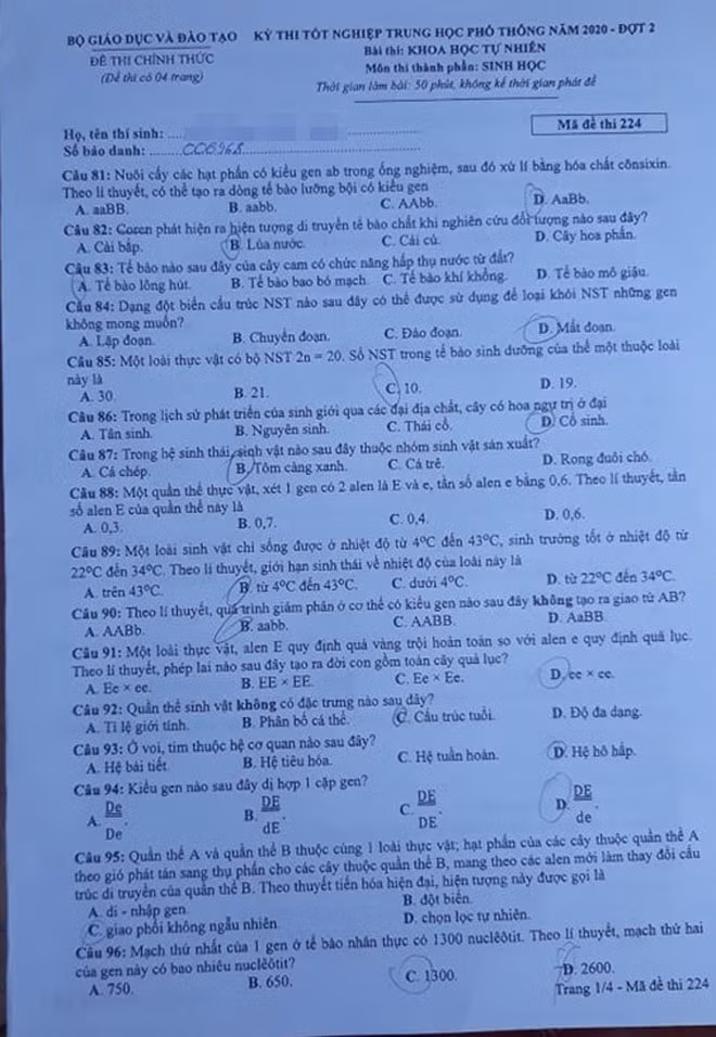 sinh học mã đề 224