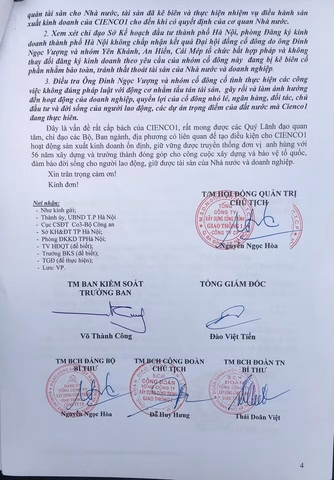 Đơn của Cienco1 gửi cơ quan chức năng nhằm ngăn chặn việc thay đổi ĐKKD và người đại diện theo pháp luật tại công ty