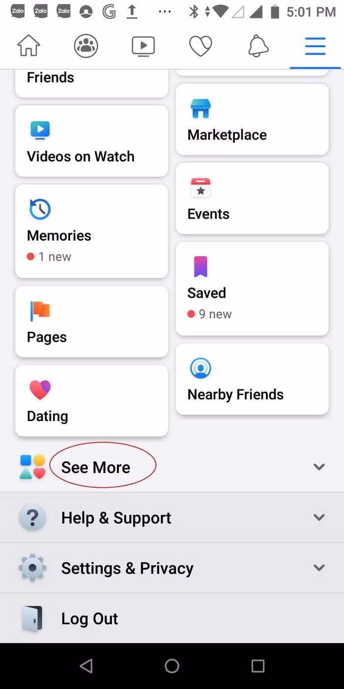 Bạn cần mở Facebook lên, sau đó bạn click biểu tượng menu ở góc trên cùng bên phải. Sau đó, hãy cuộn xuống và nhấp vào “See More”. Ảnh: internet.