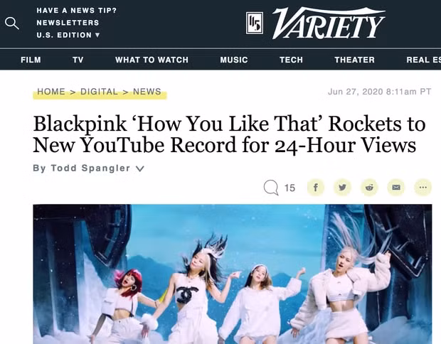 YouTube xác nhận thông qua Variety về kỷ lục của BLACKPINK.