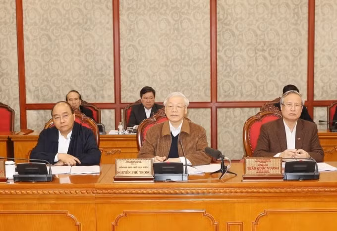 Tổng Bí thư, Chủ tịch nước Nguyễn Phú Trọng chủ trì phiên họp của Bộ Chính trị sáng 20/3 về công tác phòng, chống dịch COVID-19. Ảnh: TTXVN