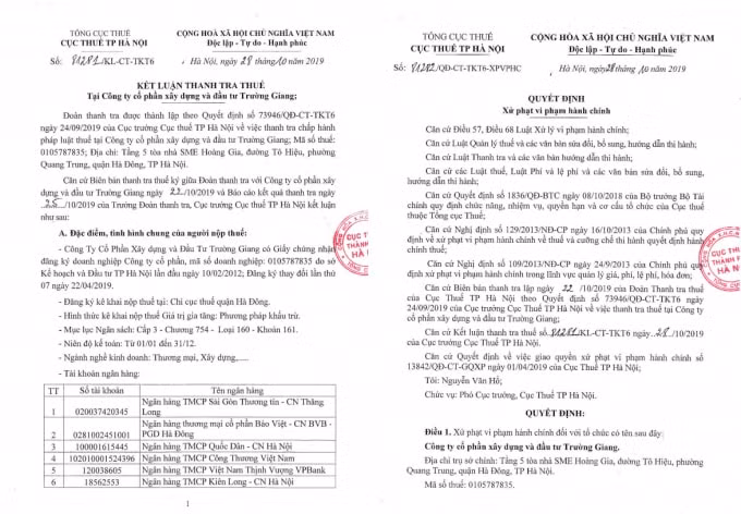 Quyết định xử phạt vi phạm hành chính về thuế đối với Công ty Cổ phần Xây dựng và Đầu tư Trường Giang
