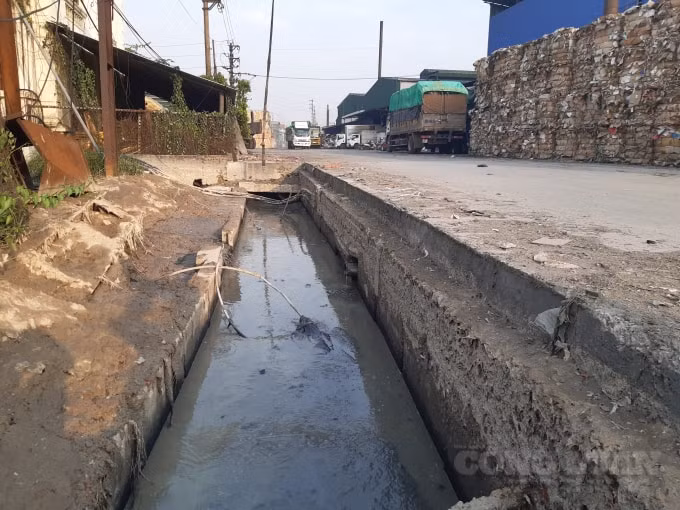 Dòng nước sền sệt chảy quanh CCN Phú Lâm rồi chảy ra sông Ngũ Huyện Khê. Ảnh HL.