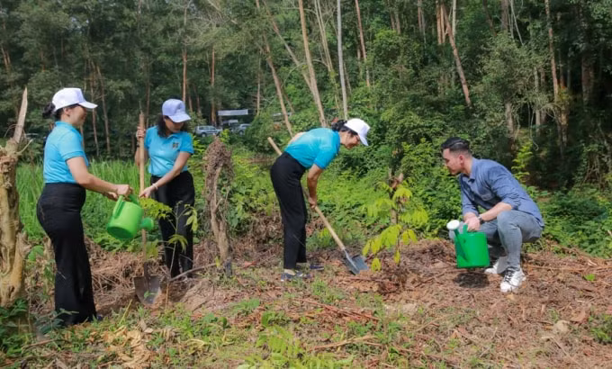 Các đồng chí lãnh đạo&nbsp;Agribank tham gia trồng cây tại Khu di tích quốc gia xã Kim Quan, huyện Yên Sơn, tỉnh Tuyên Quang.